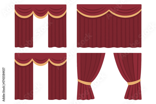 Set of four luxurious red theater curtains with gold trim in various open and closed arrangements