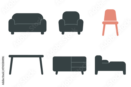 Modern home interior furniture icons set including sofa armchair and bed
