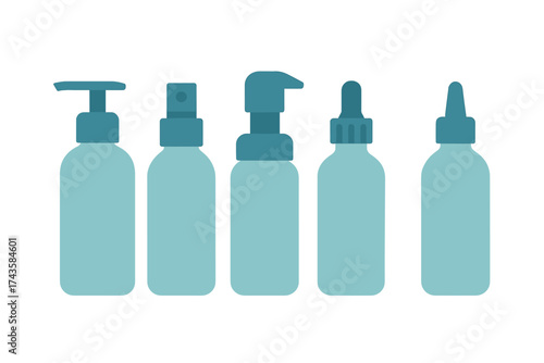 Minimalist collection of blank cosmetic and pharmaceutical bottles with various dispenser types