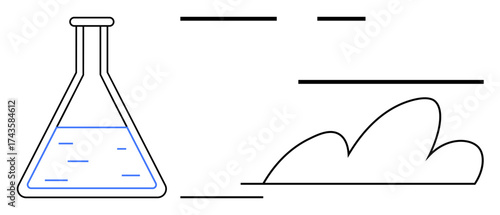 Laboratory flask with liquid next to abstract lines and cloud element. Ideal for science, research, innovation, chemistry, experimentation, technology, education. Simple flat metaphor