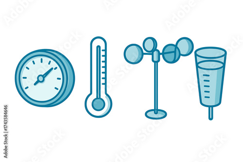 Set of meteorological measurement tools showing temperature, pressure, wind speed, and precipitation gauges