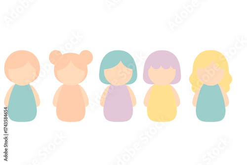 Group of five stylized female figures with different hairstyles and pastel clothing