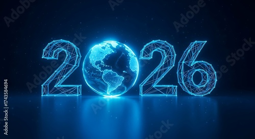 Futuristic glowing blue 2026 text with a digital earth in the center, representing the future and technology