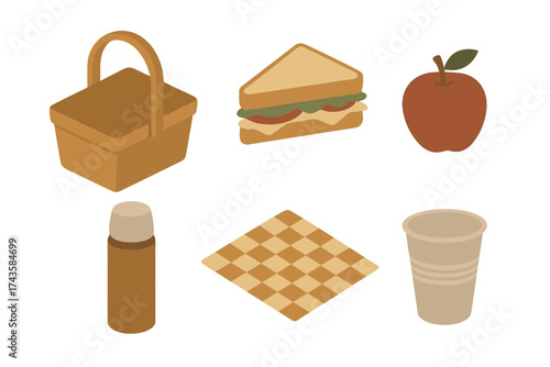 Isometric set of essential picnic items including a basket sandwich apple thermos and checkered blanket