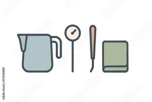 Essential barista tools set with milk frothing pitcher, temperature gauge, and latte art pen