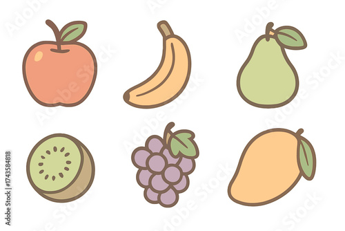 Cute pastel color fruit collection set featuring apple banana pear kiwi grapes and mango