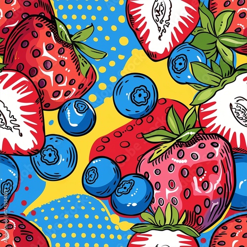 Bold colorful strawberry and blueberry pop art pattern with modern design
