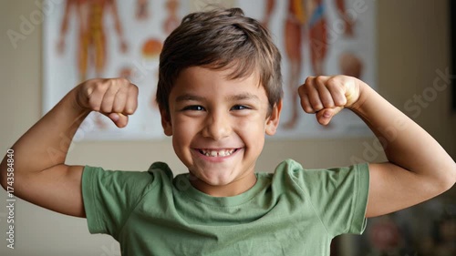 Smiling playful boy flexing his arms to show strength in a classroom.
