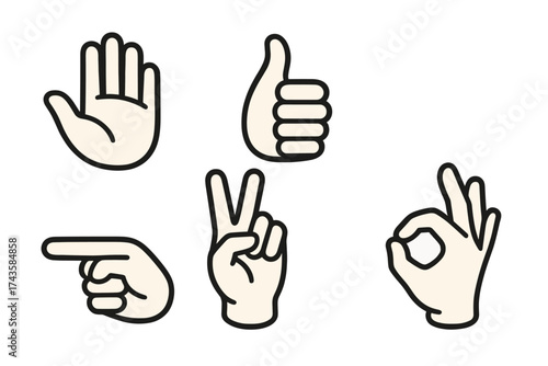 Universal set of five hand signs and communication symbols: stop, approval, direction, peace, okay