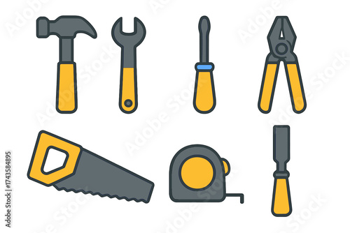 Collection of basic repair and carpentry tools featuring a hammer wrench saw and tape measure