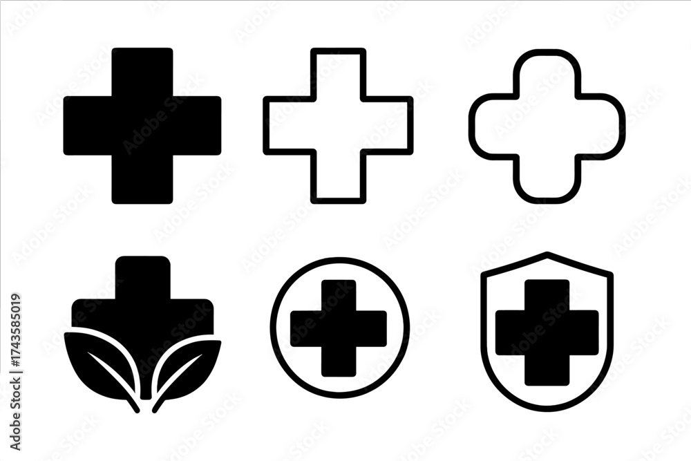 Fototapeta premium Set of six black and white medical cross icons representing health, pharmacy, and first aid concepts