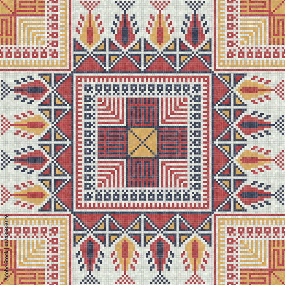 Naklejka premium Mosaic tiles seamless pattern composition with traditional Palestinian motif. Editable vector background for print, background, web, wrapping.