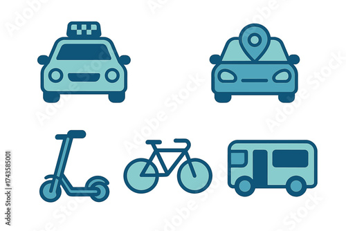 Blue icons set showing city transportation: taxi, car, scooter, bicycle, and bus