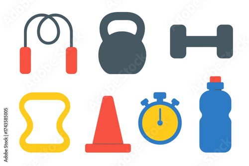 Essential gym and workout equipment including weights, skipping rope, and stopwatch