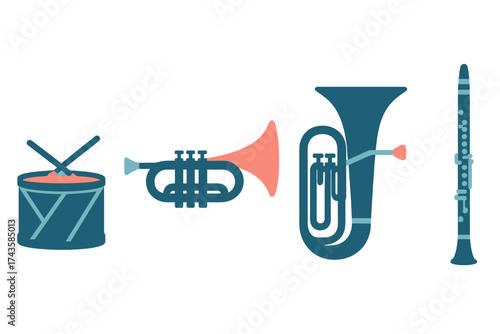 Collection of musical instruments including drum, trumpet, tuba, and clarinet for orchestra or band