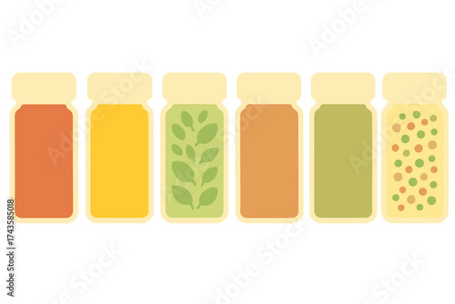 Six colorful jars containing various food ingredients or spices arranged in a row