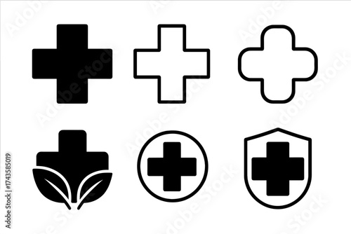Set of six black and white medical cross icons representing health, pharmacy, and first aid concepts