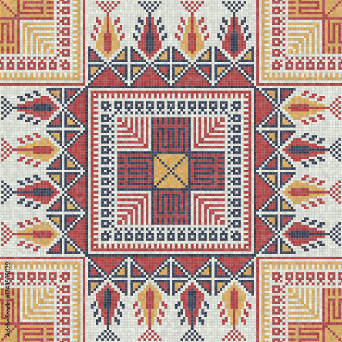 Mosaic tiles seamless pattern composition with traditional Palestinian motif. Editable vector background for print, background, web, wrapping.