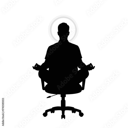 Man meditating in office chair silhouette isolated on white background