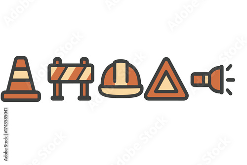Essential construction safety icons set featuring hard hat, traffic cone, and warning sign