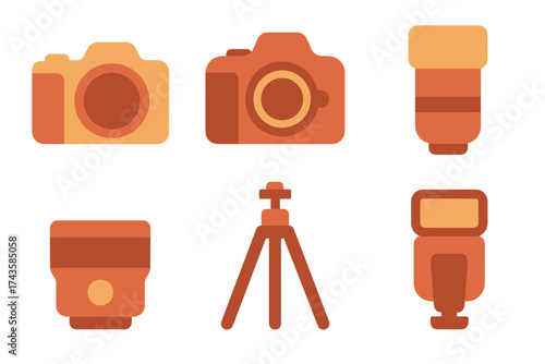 Set of flat design icons representing essential photography equipment and accessories