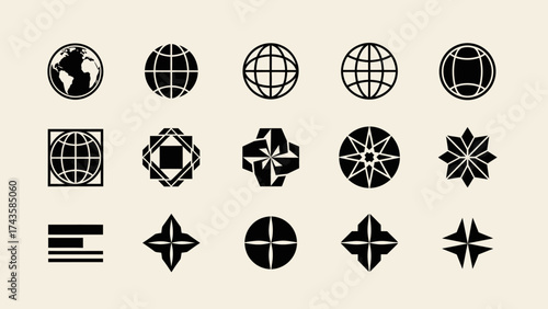 A trendy collection of modern brutalist-style icons, featuring abstract globe and star symbols in bold black for Y2K-inspired graphic design and branding projects