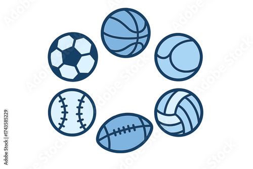 Circular arrangement of popular sports balls icons including soccer basketball and baseball