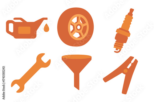 Essential car maintenance equipment and mechanic tools including wrench, oil jug, and spark plug