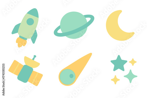 Collection of cute pastel space objects including rocket, planet, moon, satellite, comet, and stars