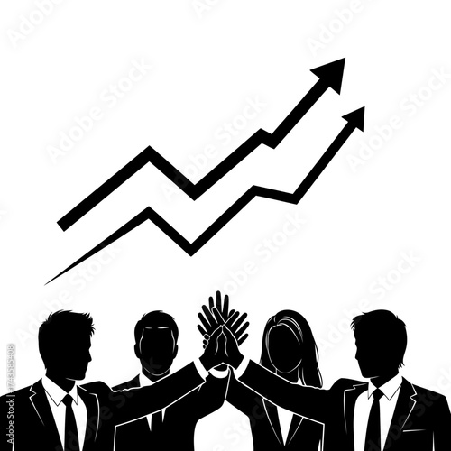 Business team celebrating success with rising graph silhouette isolated on white background