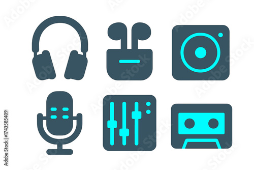 Set of flat design icons for music and sound devices including headphones and mixing console