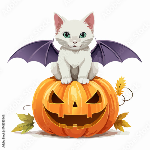A white kitten with bat wings sits atop a grinning orange jack-o'-lantern, surrounded by autumn leaves.