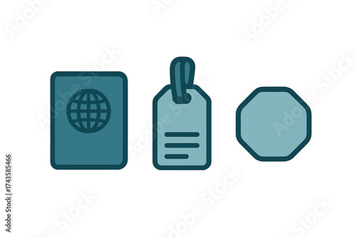 Minimalist travel icons set with passport, luggage tag, and octagonal badge