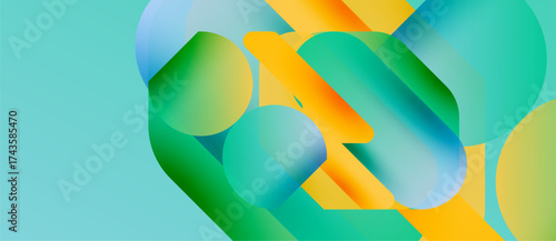 Abstract composition featuring overlapping translucent shapes. Colors include teal, yellow, green, blue. Smooth gradients create dynamic visual effect.