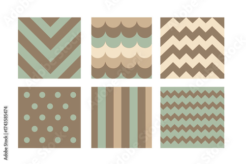 Seamless geometric patterns set with stripes, dots, chevron, and zigzag shapes in muted earth tones