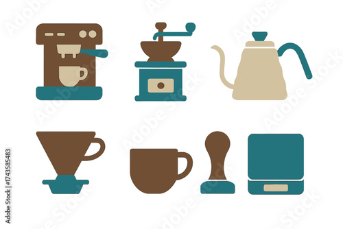 Coffee preparation tools and brewing equipment including espresso machine, grinder, kettle, and tamper