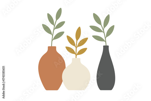 Minimalist composition of three modern vases with stylized botanical branches and leaves
