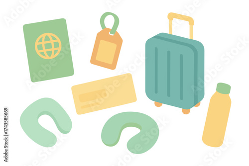 Essential items for international travel including passport, suitcase, and boarding pass