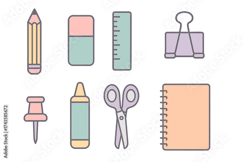 Collection of minimalist school and office supplies icons rendered in soft pastel colors