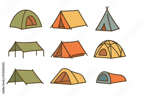 Collection of various camping tents and shelters for outdoor hiking gear