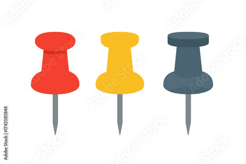 Row of three colorful pushpins office supplies for bulletin boards and maps
