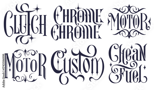Vintage lettering emblems with words clutch chrome motor custom and clean fuel suitable for hot rod themes motorcycle clubs automotive branding retro poster design and motorhead subculture merchandise
