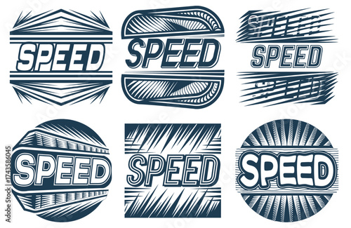 Six monochrome emblems featuring speed lettering in dynamic shapes with motion lines suitable for motorsport branding racing posters hot rod themes motorcycle clubs and automotive design projects