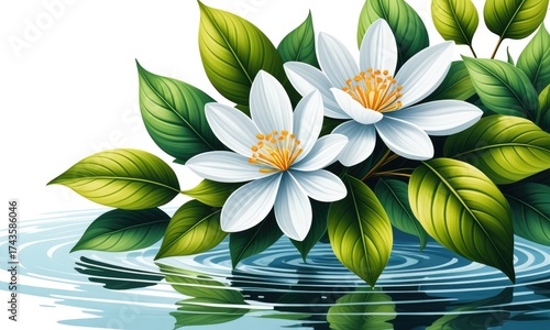 White flowers and green leaves reflecting in calm water