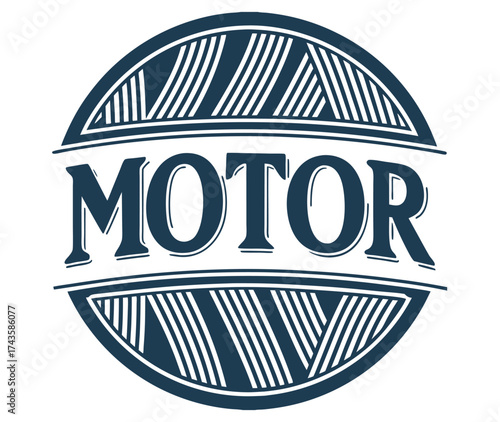 Vintage style dark blue round lettering emblem featuring the word motor with striped background, evoking speed, power, and classic automotive design