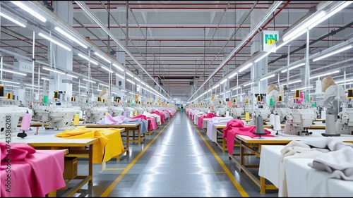 Sewing machines in a large textile factory with colorful fabrics during the day