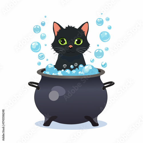 Cartoon of a black cat sitting in a bubbling cauldron filled with soapy water and bubbles.