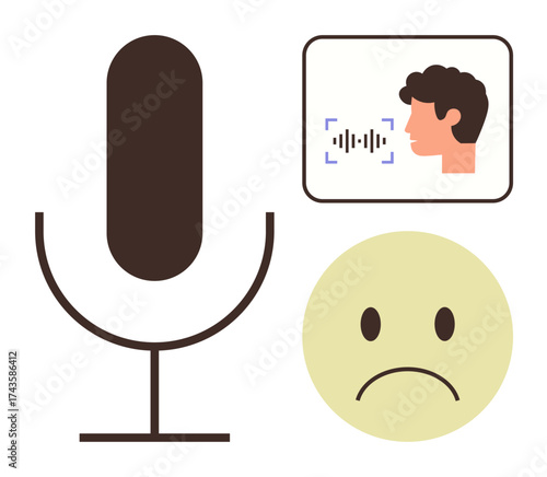 Large microphone, user voice profile analysis with sound wave, sad face reaction. Ideal for AI, technology, communication, voice command, emotion detection, digital feedback simple flat metaphor