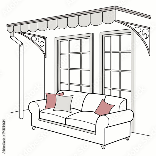 Cozy white sofa with decorative pillows placed under a scalloped awning and ornate brackets next to french doors