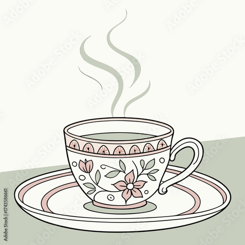 Delicate floral patterned teacup with steam rising from a warm beverage on a matching saucer